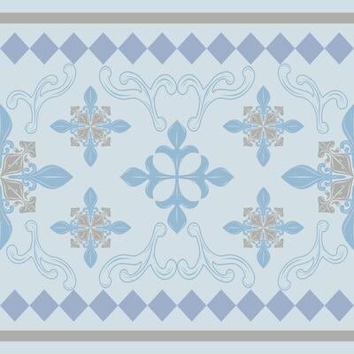 Delicate Hand Drawn Vines and Florals Fleur de lis Scroll and Geometric Ornament Elegance Border Pattern with Gold Bluish Qing Dynasty Color Inspired. Flawless Flow striped for Beautiful Luxury Decor