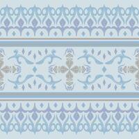 Wondering Blue Exotic Ornament Arranged Pattern Seamless Border. Fine Handicraft Drawn Silver Florals Scroll and Geometric Elaborate Style for Rich Royal Opulence Decoration Carpet Wallpaper Ceiling vector