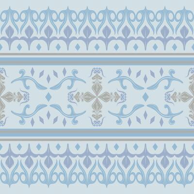 Wondering Blue Exotic Ornament Arranged Pattern Seamless Border. Fine Handicraft Drawn Silver Florals Scroll and Geometric Elaborate Style for Rich Royal Opulence Decoration Carpet Wallpaper Ceiling