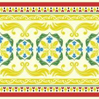 Bright golden yellow pattern with playful floral medallions and a central tile design. Evoke the Mediterranean warmth and vibrant summer energy. luxury border yellow green blue on beige elegance style vector