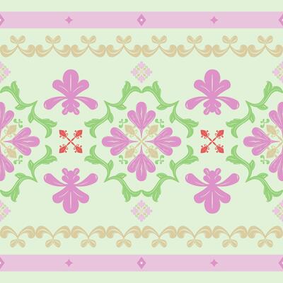 Sweet Botany Symmetric Fantasy Baroque Whimsical Style Seamless Border Pattern. Creative Traditional Luxury Motif Florals Pink Green Red Gold for Elegance Feminine Design Wallpaper Textile Fabric Tile