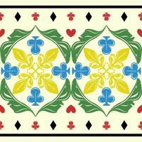 Colorful vintage floral tile pattern with green leaves, yellow rosettes, and playing card suit symbols. A bold, symmetrical design perfect for retro packaging, wallpaper, textile prints, decoration vector