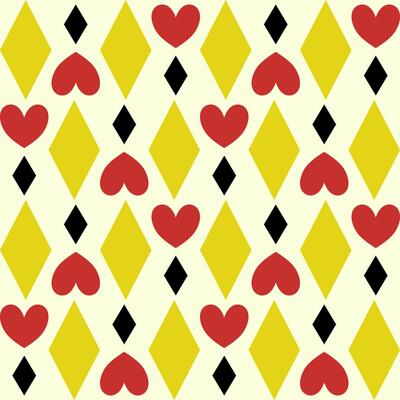 Pop art-inspired pattern with bold card suit shapes in yellow, red, and black. Eye-catching and perfect for playful prints or bold packaging. Seamless Geometric Modern Diamond And Heart for Wallpaper