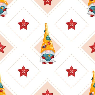 Seamless rhombus pattern with cute gnomes and star buttons Geometric sewing texture.