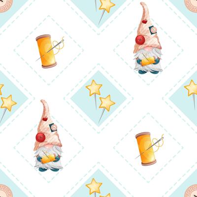Seamless rhombus pattern with cute gnomes and thread for sewing and needlework. Geometric sewing texture with safety pins.