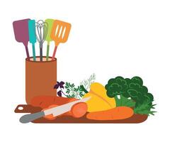 Various vegetables on a cutting board. of kitchen utensils and products, vegetables vector
