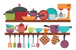 Kitchenware and ceramics collection for home - cups, plates, bowls, mixer, pots. vector