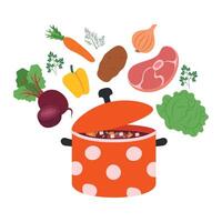 Red metal saucepan with polka dots with borsch or soup. of vegetables and meat for cooking vector