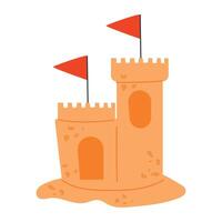 Sand castle with small red flags. illustration in flat style, sand games vector