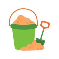 Sand in a green bucket with an orange handle and a children's shovel in the sand. vector