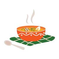A bowl of soup on a serving napkin with a spoon. of fresh vegetable soup, color icon vector