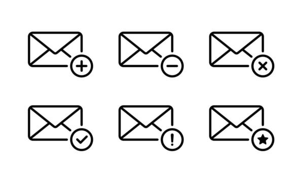 Email icon collection with various action signs. Includes plus, minus, delete, confirm, warning, and star symbol vector