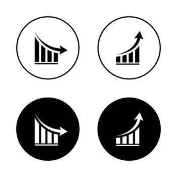 Decrease and increase chart icon with arrow. Negative and positive trend symbol in black circle vector