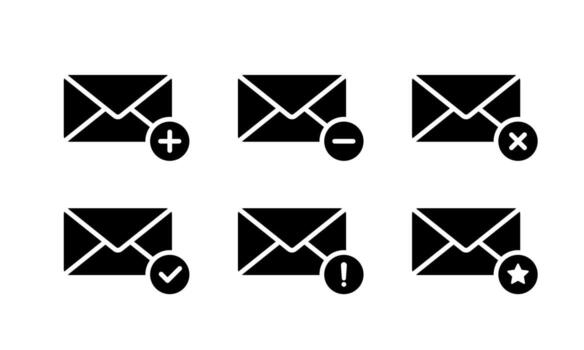 Email envelope icon set with status badges. Includes plus, minus, delete, confirm, warning, and star symbol vector