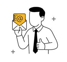 Businessman holding email envelope icon. Online communication and message concept. vector