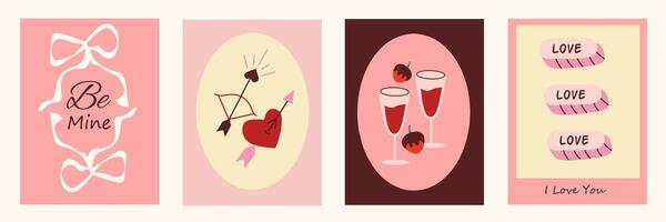 Set of Valentine's Day poster, greeting card, cover, label, sale promotion templates, pattern background with ribbon, wine, frame, alcohol elements illustration in modern trendy geometric style vector
