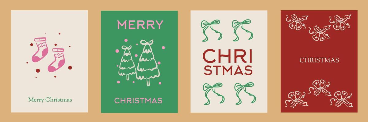 Hand drawn whimsical Christmas doodles. Cute illustration cards, christmas tree icon, bows and socks. Minimalist winter line art. Illustration for invitations, stationery, printables, social media.