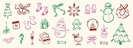 Whimsical Christmas doodle line art festive and holiday icon. Green, red, pink elements illustrations for sale, promotion, branding, labels, posters, cards, invitation, greeting card, social media. vector