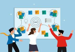Business Team Planning and Brainstorming Strategy to Achieve Target Goals with Task Flow Chart and Sticky Notes vector