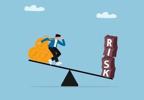 Businessman Carrying Money Bag Balancing on Seesaw Facing Financial Risk Challenge with RISK Blocks Metaphor vector