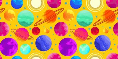 cute outer space seamless pattern with multicolored planets and stars on bright yellow background for kids textile poster design vector