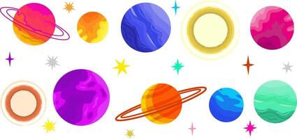 colorful space planets and stars set for web design, textile decoration, children prints, modern cosmic style vector