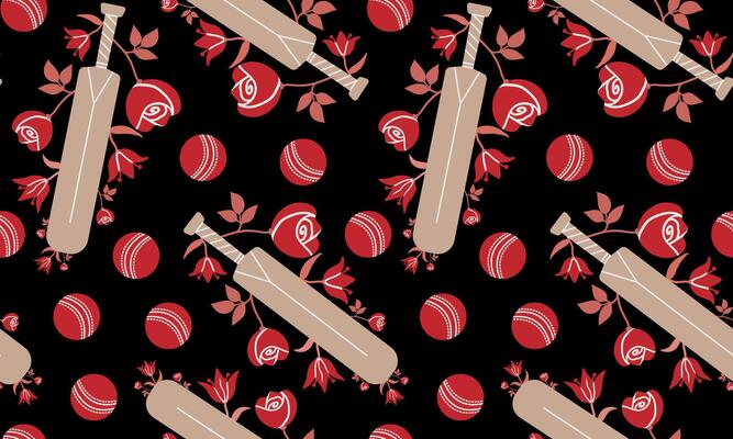 floral cricket seamless design with bats and balls in red tones, black background, minimalistic sport retro art