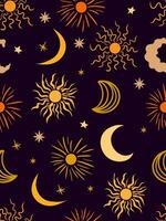 celestial seamless pattern with suns moons and stars on a dark background for spiritual and bohemian designs vector
