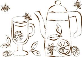 rustic mulled wine doodle teapot wineglass citrus spices for cozy autumn and winter web projects vector