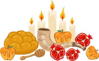 rosh hashanah evening table holiday set challah pomegranates apples honey shofar candles jewish new year festive vector