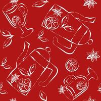 sketch style hot spiced drink repeatable background with teapot cup citrus and spice elements for fall season designs vector