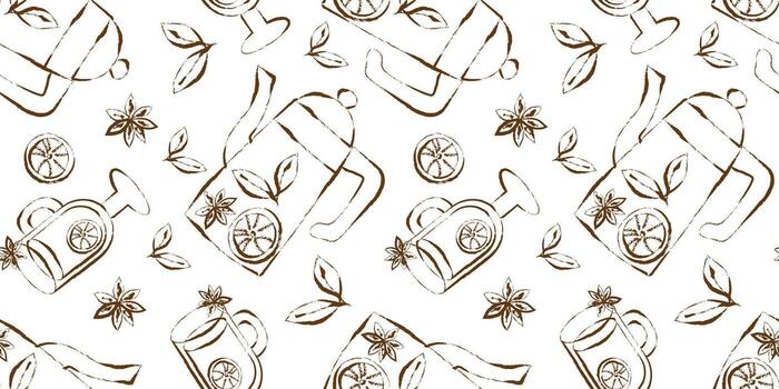 bosquejo estilo caliente condimentado bebida repetible antecedentes con tetera taza agrios y especia para restaurante marca y web diseño vector