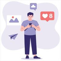 Man holding smartphone showing social media vector