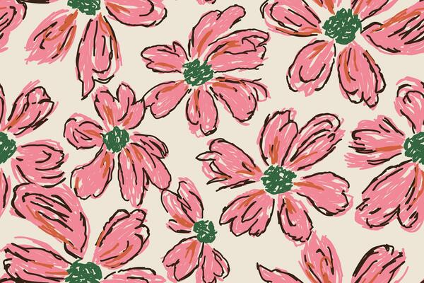 Hand-drawn floral pattern with pink petals and green centers, sketch style seamless flower design for fabric, wallpaper, and decoration, floral texture illustration with artistic strokes.