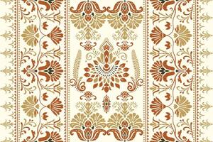 Ethnic ikat paisley floral seamless pattern with intricate embroidery border and traditional Indian motifs in boho and aztec textile design, perfect for fabric, wallpaper, or decoration. vector