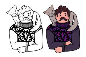 A man with a cat on his shoulders and a cat on his back vector