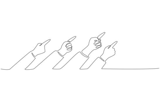 Continuous one line drawing of hands pointing in same direction, business consensus, shared team target concept, single line art vector