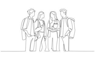 Continuous one line drawing of group of students standing and talking together, social connection in academic environment, campus friends conversation concept, single line art vector