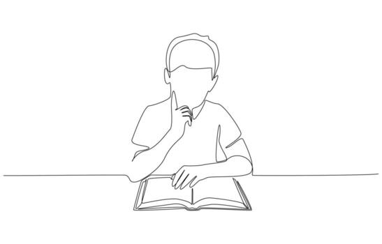 Continuous one line drawing of boy deeply focus on reading, learning, concentration, intellectual curiosity concept, single line art vector