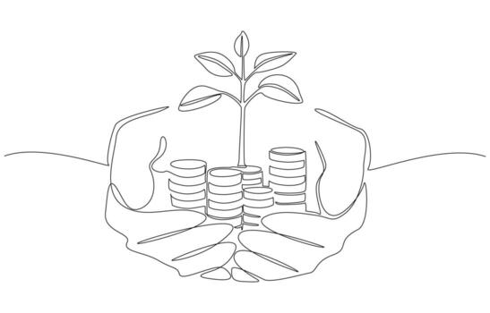 Continuous one line drawing of hands holding stacks of coins with plant sprouting from the top, sustainable wealth building concept, single line art vector