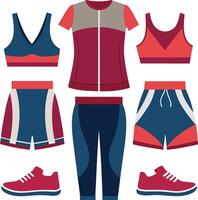 Athletic apparel set with sports bra jacket shorts and leggings vector