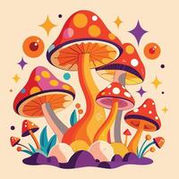 Psychedelic Mushroom Forest With Stars mushrooms retro vector
