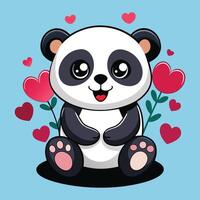Cute panda with hearts and flowers bear cartoon vector