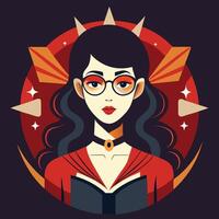 Woman with glasses reading a book dark hair vector