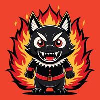 Fiery black cat character with sharp teeth fire flames vector