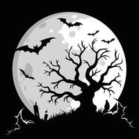 Spooky moonlit night with bats and bare tree halloween vector