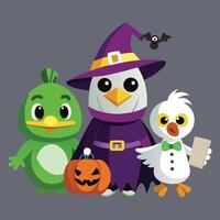 Halloween birds with pumpkin and bat costume vector