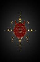 Mythological red wolf or mystical Fenrir on Sacred Geometry and Moon Phases Gold luxury illustration of Sacred ethnic wild animal isolated on black background vector