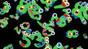 Colorful green monsters with big eyes move energetically against a black background, creating a lively and whimsical atmosphere video