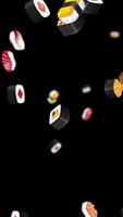 Sushi pieces cascade against a black backdrop, creating a playful and dynamic visual experience with vibrant colors and smooth transitions video